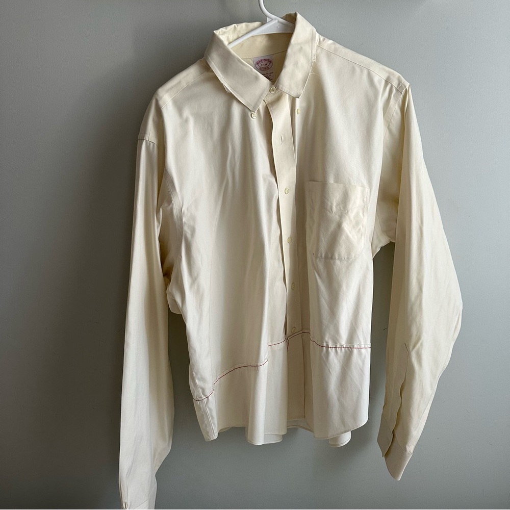Unique Cropped Cream Button-Up Shirt with Red Stitching